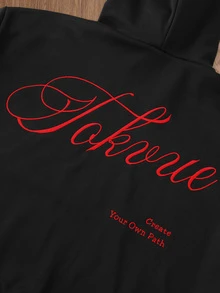 TOKVUE 男士刺繡街頭風長袖連帽衛衣，附口袋，Off Campus College 黑色與紅色，秋季款 - 黑色 - 查看 8