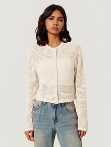 SHEIN BASICS كارديجان نسائي بسيط بأزرار وتصميم مفرغ محبوك رقيق - لون مشمشي - مشاهدة 6