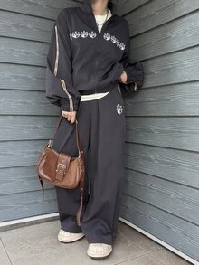 FRIFUL Women's Stand Collar Zip-Up Long Sleeve Top And Pants Casual Daily 2 Pieces Set - Grey - View 4