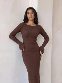 Glamine Women's Solid Color Elegant Ribbed Knit Dress With Flared Sleeves And Back Slit - Coffee Brown - View 6