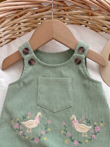 SHEIN 新生女嬰可愛紅色休閒卡通刺繡圖案秋冬洋裝 - 薄荷綠 - 查看 3
