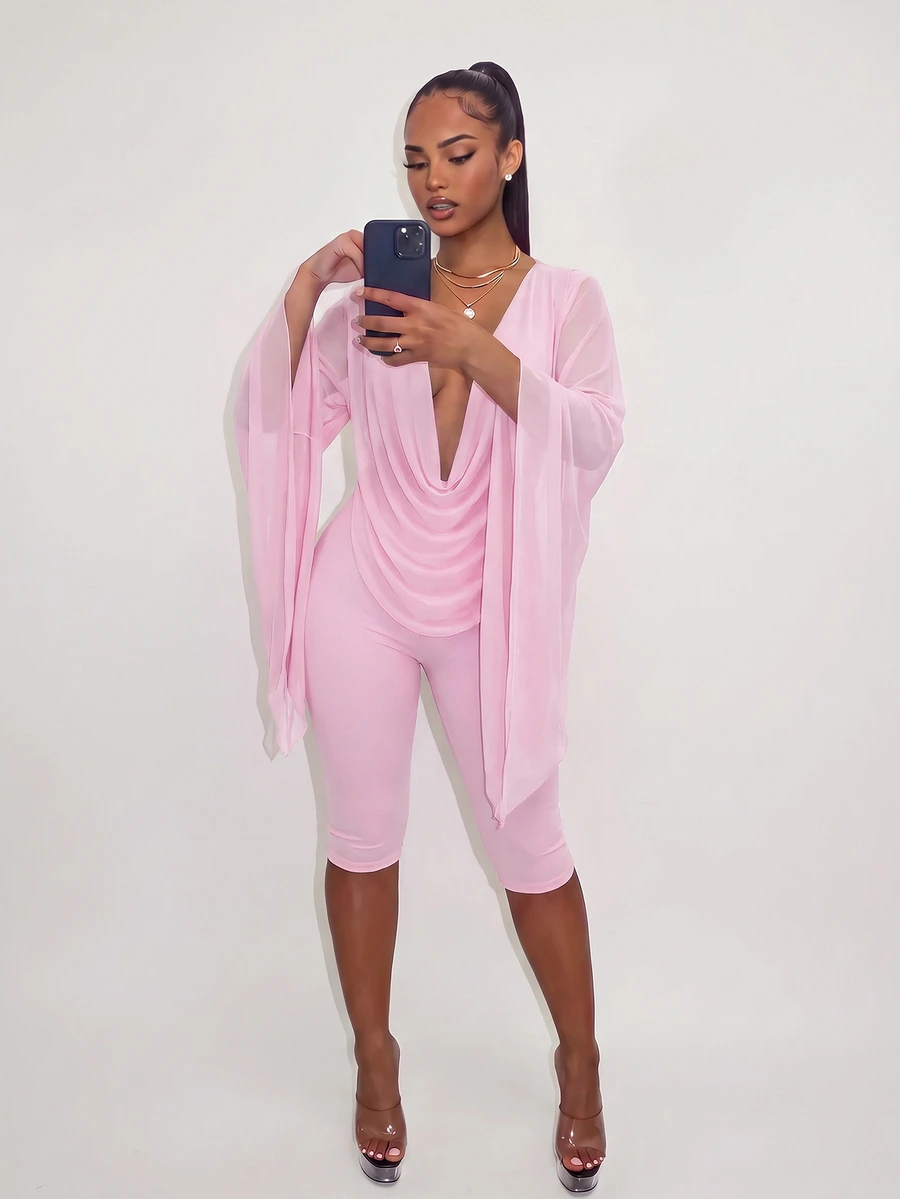 Amplova 女款粉色復古兩件套,深V領上衣與七分褲,性感風格,適合秋季穿搭、約會派對夜店及日常穿著 - 淺粉色 - 查看 1