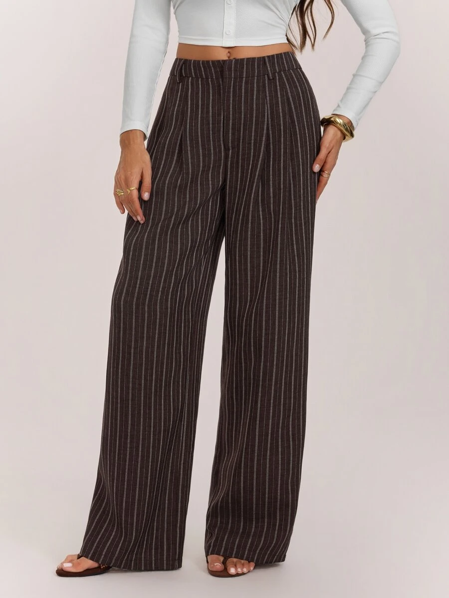 SHEIN Tall 穆斯林女性高身長版棕色百褶寬腿長褲-商務休閒風 - 棕色 - 查看 1