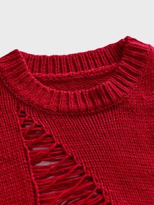 FeverCity Men's Solid Color Crew Neck Distressed Long Sleeve Casual Sweater - Burgundy - View 3