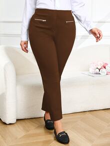 Plus Size Women Solid Color Casual Daily Wear Long Pants - Brown - View 1