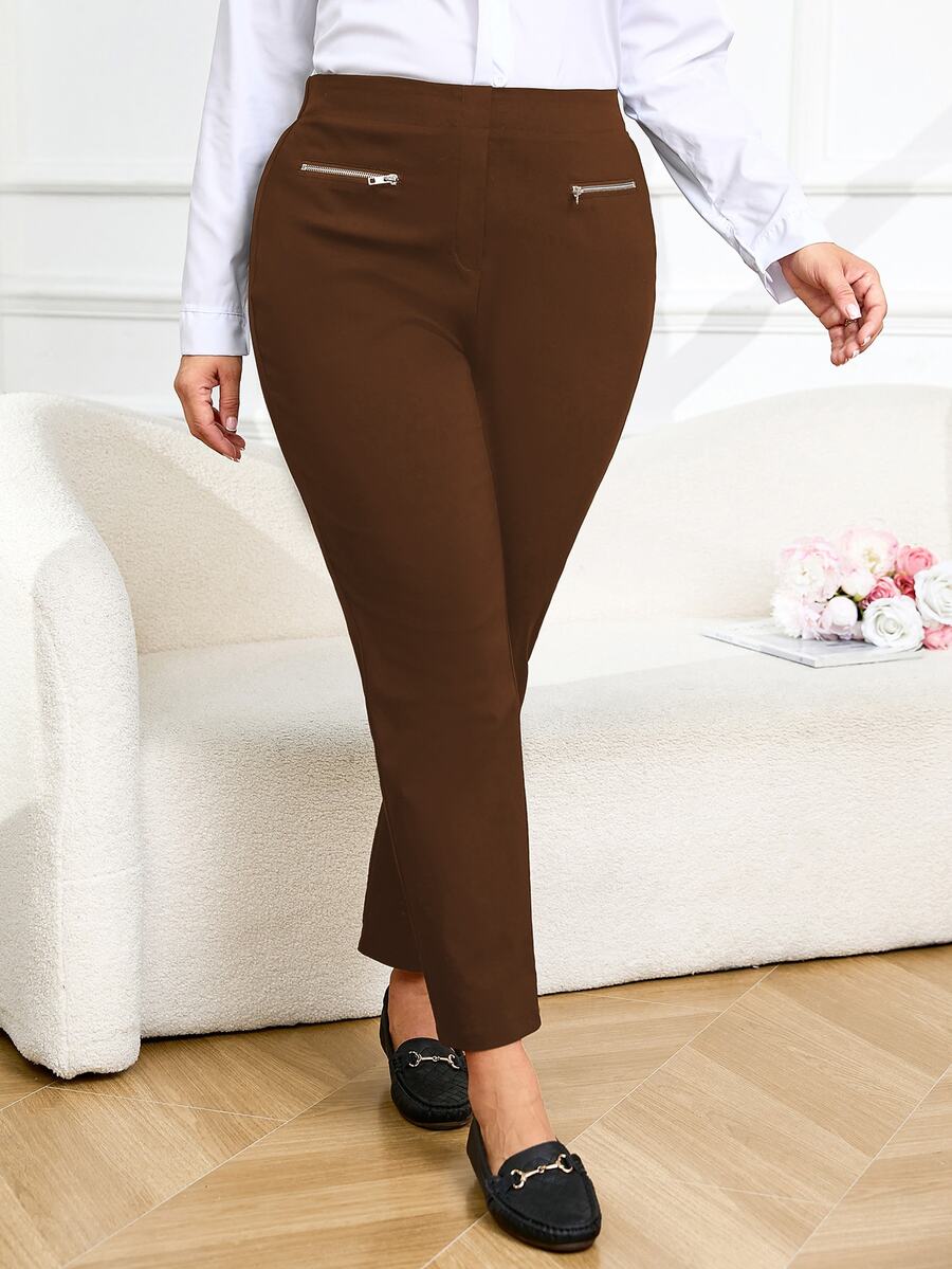 Plus Size Women Solid Color Casual Daily Wear Long Pants - Brown - View 1