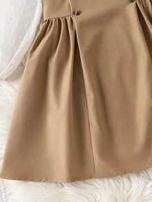 SHEIN 女童編織撞色雙排扣蝴蝶結領休閒洋裝 - 卡其色 - 查看 4