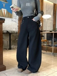 DAZY 女款水洗耐穿韓式寬鬆牛仔褲 - 黑色 - 查看 4