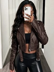 BamGleam Women's Vintage Leather Short Jacket With Large Collar, Zipper And Belt - Chocolate Brown - View 1