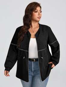 SHEIN LUNE CURVE European & American Plus Size Women's Black Patchwork Baseball Jacket, Casual Style Embossed Embossed Fabric With Chain Decoration, Cinched Waist, Loose Fit Zip-Up Jacket - Black - View 1
