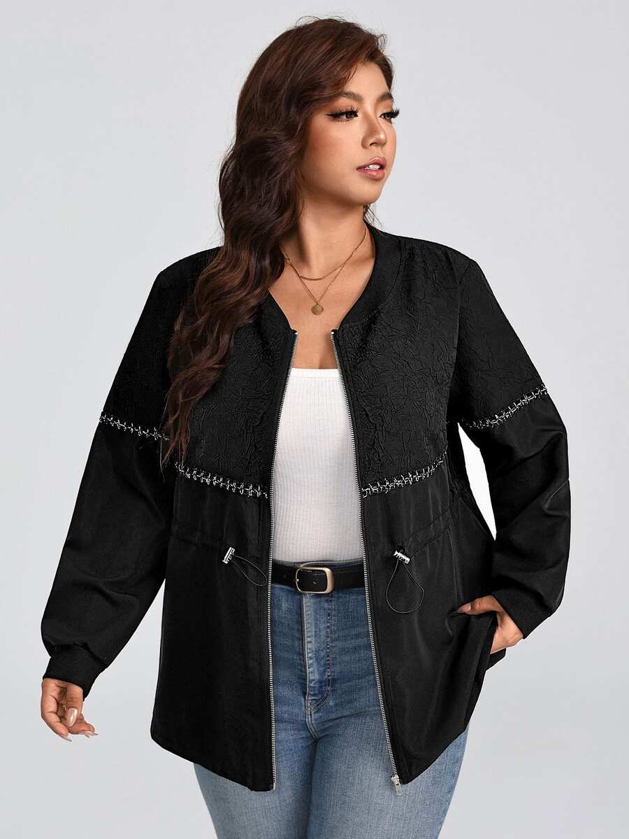 SHEIN LUNE CURVE European & American Plus Size Women's Black Patchwork Baseball Jacket, Casual Style Embossed Embossed Fabric With Chain Decoration, Cinched Waist, Loose Fit Zip-Up Jacket - Black - View 1