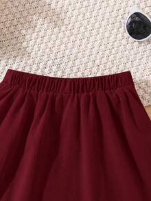 SHEIN 女童純色3D蝴蝶結裝飾鬆緊腰百褶裙 - 酒紅色 - 查看 6