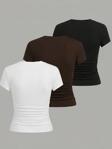 Qadelle Summer New Women's Short-Sleeve Round-Neck Waist-Tapered Slimming Multi-Color T-Shirt Set - Multicolor - View 2