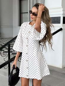 Pariaura Elegant Fashion Versatile Casual Slimming High-End Design Short Sleeve Dress - Multicolor - View 3