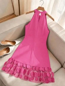GlowEve CURVE Plus Size Elegant Patchwork 3D Mesh Dress - Hot Pink - View 2
