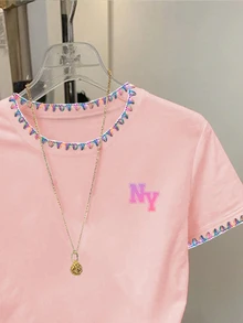 SHEIN 女款休閒簡約羅紋圓領短袖T恤，夏季 - 粉色 - 查看 3
