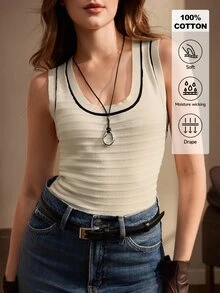 SHEIN Women's U-Neck Fitted Sleeveless Knitted Top, Ribbed Contrast Color Spring/Summer Top, Beige/Apricot Slimming Elastic Knitted Top, Minimalist Commute Versatile French Style Solid Color Tight-Fitting Base Layer Knitted Top - Apricot - View 1