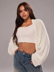 SHEIN CURVE+ Plus Size Women's Versatile Long Sleeve Cardigan Shawl Sweater, Suitable For Autumn/Winter - White - View 8