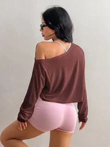 Coolane Women's Solid Color Asymmetrical Shoulder Casual Daily Long Sleeve T-Shirt - Brown - View 7