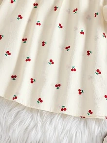SHEIN Young Girl Young Girl Young Girl Woven Solid Color Cherry Print Ruffle Hem 3D Contrast Color Bow Dress - Apricot - View 7