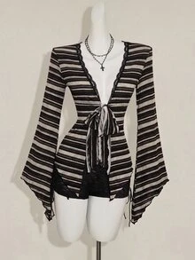 SHEIN ICON Y2K 女款西式波西米亞嬉皮哥德風性感蕾絲扭轉前襟長袖開襟衫 - 彩色 - 查看 4