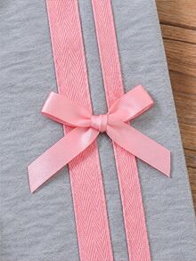 SHEIN Sparklyn 青少年女孩抓絨秋季套裝，長袖綠色，羅紋袖口、下擺與領口，側邊飾帶，蝴蝶結設計 - 灰色 - 查看 6
