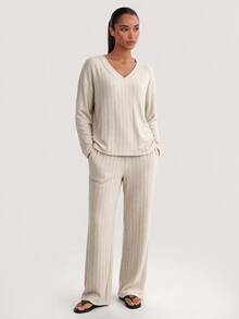 SHEIN BASICS Women's Solid Color V-Neck Long Sleeve Top And Pants Casual Daily 2 Pieces Set - Apricot - View 4