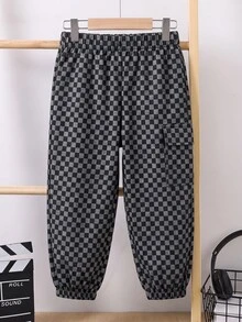 SHEIN 小男孩棋盤格工裝口袋休閒慢跑長褲 - 彩色 - 查看 2