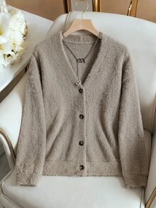 GlowEve Fall Winter Ladies Furry Plush Sweatshirt, VNeck Long Sleeve Button Up Casual Knit Outerwear - Multicolor - View 4