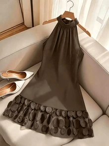 GlowEve CURVE Plus Size Elegant Patchwork 3D Mesh Sleeveless Dress - Coffee Brown - View 3