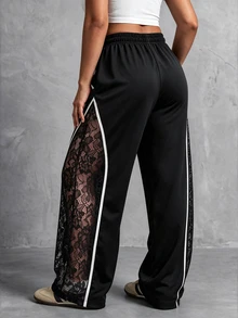 Velvienne Versatile Premium Contrast Lace Plus Size Women's Drawstring Waist Sweatpants - Black and White - View 3