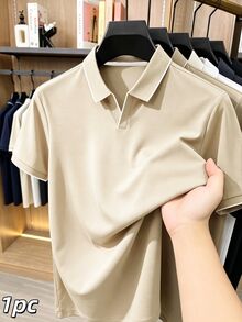 Calvornis 男士純色商務休閒羅紋領短袖 Polo 衫，適合丈夫、男友的日常禮物，萬聖節、聖誕節、新年 - 杏色 - 查看 1