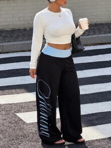 Muchica Plus Size Street Letter Print Colorblock Loose Pants - Multicolor - View 7