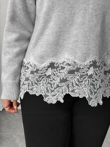 Elenzga Sweater Pullover Renda Elegan Pas Badan Ukuran Plus untuk Komuter - Grey - View 2