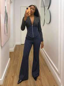 StreetHx Women's Striped Zip-Up Long Sleeve Top And Pants Casual Suit Set - Dark Grey - View 5
