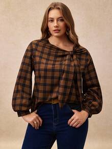 Écloséra Curve Plus Size Women's Vintage Plaid Print Shirt With Tie Decor - Multicolor - View 1