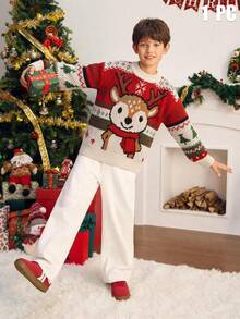 SHEIN 兒童青少年男孩休閒學院風圓領長袖紅色聖誕毛衣，適合通勤、上學、日常休閒、外出、運動，秋冬季節，聖誕節，親子穿搭 - 紅色 - 查看 4