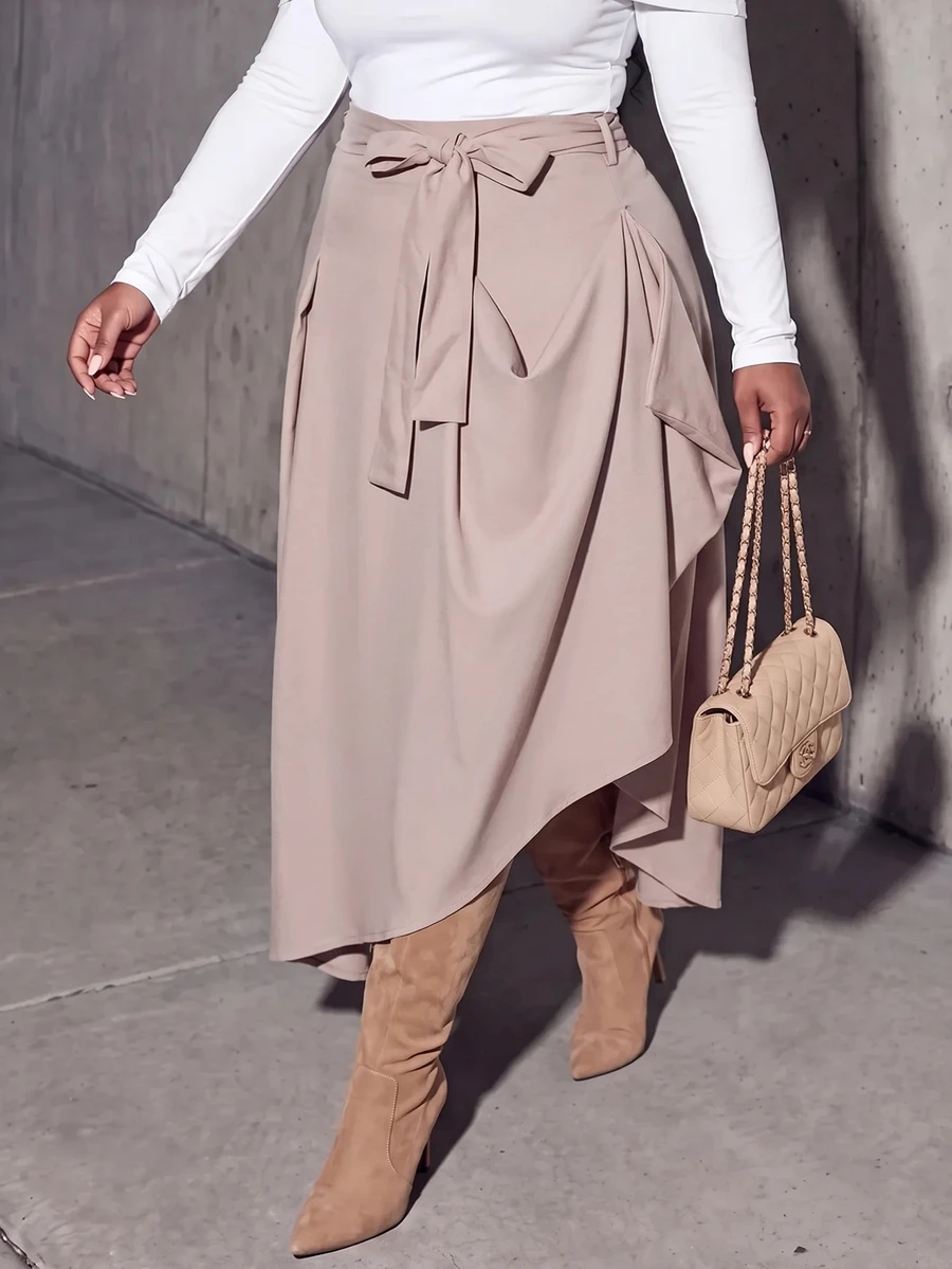 Slaydiva Plus Size Women's Skirt, Khaki Tie Waist Asymmetrical Slit Flowy Midi Skirt Fall - Khaki - View 1