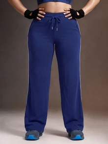 Powerista Women's Plus Size Navy Blue & White Contrast Color Drawstring Tie Waist Sports Pants - Navy Blue - View 4