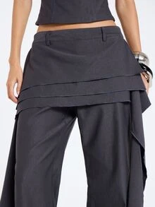 MUSERA Grey Ruffle Detail High Waist Trouser Pants Fall Winter Women Outfit Casual - Dark Grey - View 5