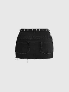 ROMWE Grunge Punk 女款 Y2K 復古亞文化風磨損下擺鉚釘珠飾裝飾破洞雙腰頭不對稱修身緊身大尺碼牛仔迷你裙 - 黑色 - 查看 2