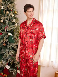 CoupledUp Christmas Print Lapel Cardigan Men's Pajama Set, Holiday Home Comfortable Long Pants 2 Pieces Set - Multicolor - View 3