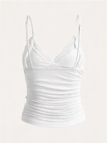 SHEIN ICON 對比色蕾絲抓皺 Y2K 細肩帶背心上衣 - 白色 - 查看 2