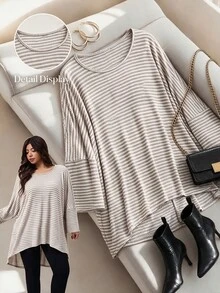Enliva Plus Size Striped Long Sleeve Tunic Tee With Side Slit Apple - Khaki - View 7