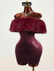 Mistrie Women's Autumn/Winter Sexy Party Solid Burgundy Off-Shoulder Faux Fur Collar Patchwork PU Mini Dress - Burgundy - View 2