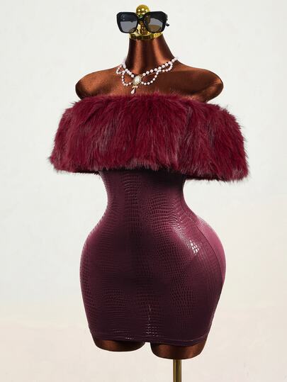 Mistrie Women's Autumn/Winter Sexy Party Solid Burgundy Off-Shoulder Faux Fur Collar Patchwork PU Mini Dress