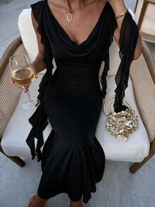SHEIN Glamour 女款黃色針織網紗大領口洋裝，性感優雅百搭度假情人節約會洋裝，女款淡黃色婚禮伴娘洋裝，適合各種場合 - 黑色 - 查看 7