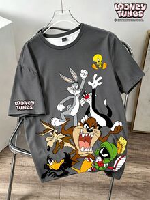 LOONEY TUNES X SHEIN Daypath 男士卡通印花休閒日常短袖T恤 - 灰色 - 查看 5