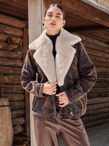 Anewsta Women's New Fashion High-End Sweet Cool Lapel Faux Fur Fleece Jeans Coffee Brown Jacket - Coffee Brown - View 5
