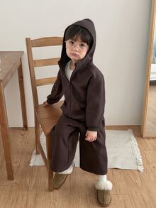 DAZY Baby Girl Solid Color Zip-Up Hoodie And Pants Casual Daily Set - Coffee Brown - View 4